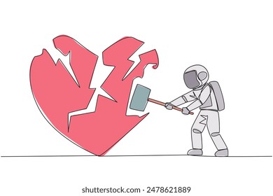 Single continuous line drawing young astronaut preparing to hit the big heart. Broken heart. Loss of concentration. Emotional feeling. No direction. Angry. Madness. One line design vector illustration