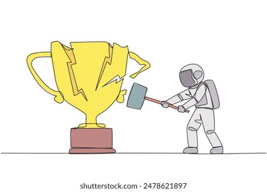 Single continuous line drawing young astronaut preparing to hit the big trophy. Rampage. Expressing mounting anger. Smashing the trophy with a sledgehammer. Failed. One line design vector illustration