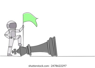 Single continuous line drawing young astronaut holds flag, defeat competitor in business as winning chess game. Strategy success using powerful move for advantage. One line design vector illustration