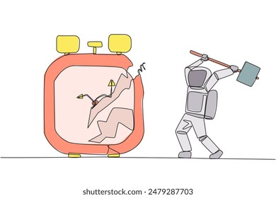 Single continuous line drawing young astronaut preparing to hit the big alarm clock. Can't manage time well. Many business opportunities disappear. Angry cosmonaut. One line design vector illustration