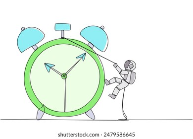 Single continuous line drawing young astronaut climbing alarm clock with rope. Work carefully to complete each task. Works perfectly without any errors. Work hard. One line design vector illustration