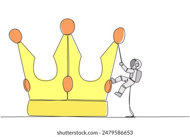 Single continuous line drawing young astronaut climbing crown with rope. Prepare for a better life by working hard to achieve the highest position. The hard worker. One line design vector illustration