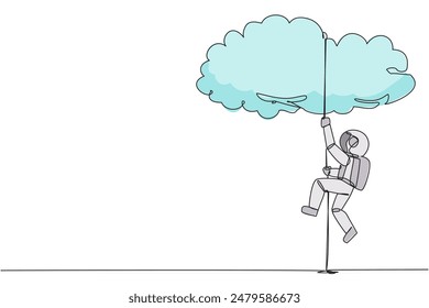 Single continuous line drawing young astronaut climbing clouds with the rope. A metaphor for hanging dreams sky high. Ultimate success. Hard worker. Work smarter. One line design vector illustration