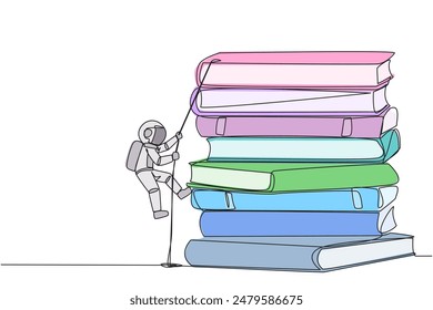 Una sola línea continua dibujando a un joven astronauta subiendo a una pila de libros con una cuerda. Esfuérzate por adquirir nuevos conocimientos para el buen funcionamiento de tu negocio. Gran trabajo. Ilustración vectorial de diseño de una línea