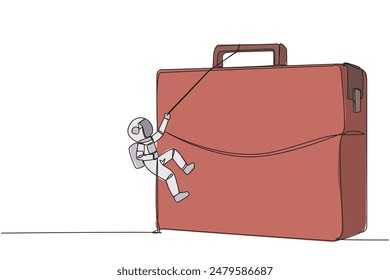 Single continuous line drawing young astronaut climbs briefcase with rope. A metaphor for building a business from scratch. Growing and having many relationships. One line design vector illustration