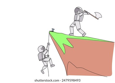 Single continuous line drawing the young astronaut climbs cliff with rope. Almost successful. Rudely dropped by a business friend. Fake partner. The worst teamwork. One line design vector illustration