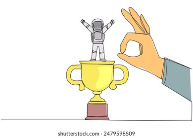 Single continuous line drawing the young astronaut standing on big trophy. Celebrating the success of business. Got fraudulent business opponents. Falling helpless. One line design vector illustration