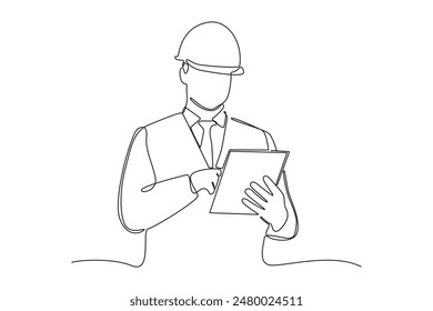 Single continuous line drawing of A young architect is checking the suitability of the design with actual site work. Professional work job occupation. Minimalism concept one line draw graphic design v