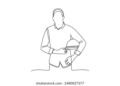 Single continuous line drawing of young male architect holding helm pose cross arms. Minimalism concept one line draw graphic design vector illustration