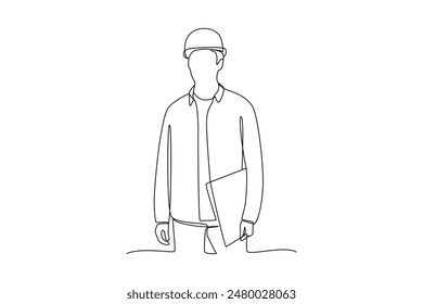 Single continuous line drawing of young male architect holding blueprint paper pose cross arms. Minimalism concept one line draw graphic design vector illustration