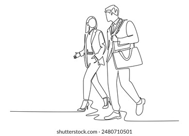 Single continuous line drawing of young couple male and female employees discussing new strategy plan to write annual report. Urban commuter workers. One line draw graphic design vector illustration