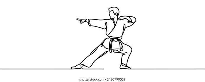 Single continuous line drawing of young confident karateka man in kimono practicing karate combat at dojo. Martial art sport training concept. Trendy one line draw graphic design vector illustration.