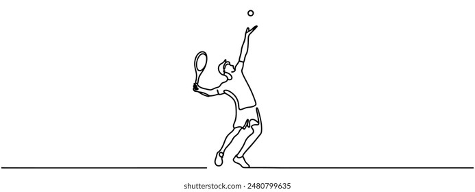 Single continuous line drawing of young agile badminton player jump and smash the ball. Sport exercise concept. Trendy one line draw design vector illustration for badminton tournament publication