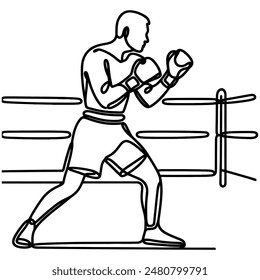 Single continuous line drawing of young agile man boxer improve his fight stance at gym. Fair combative sport concept. Trendy one line draw design vector illustration for boxing game promotion media.