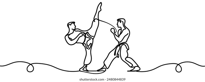 Single continuous line drawing young cute taekwondo man doing kick pose in fight uniform with belt exercising martial art at gym