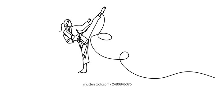 Single continuous line drawing young cute taekwondo woman doing kick pose in fight uniform with belt exercising martial art at gym.