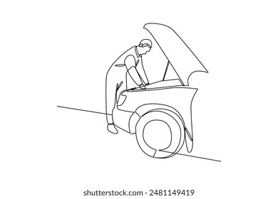 Eine durchgehende Linienzeichnung des jungen Mechanikers überprüfte den Zustand des Motors eines Autos. Professionelle Berufstätigkeit. Minimalismus Konzept One Line Draw Grafikdesign Vektorillustration