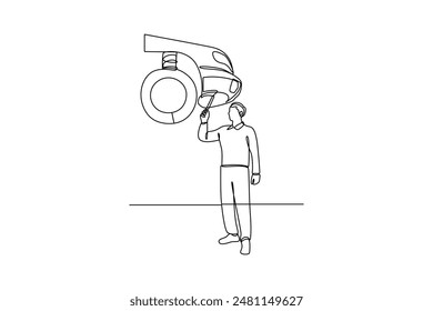 Eine durchgehende Linienzeichnung des jungen Mechanikers überprüfte den Zustand der Autoreifen. Professionelle Berufstätigkeit. Minimalismus Konzept One Line Draw Grafikdesign Vektorillustration