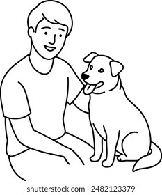 Single continuous line drawing of young energetic man knelt while stroking his beloved cat. Touching the neck. Animal lover. Caring for little cats with pleasure. One line design vector illustration..