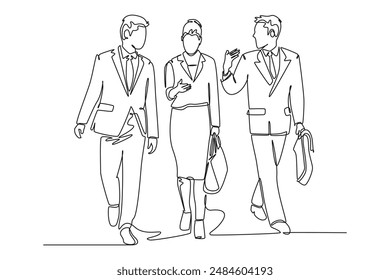 Single continuous line drawing of young male and female managers talking and walking together on office lobby to go to canteen. Urban commuter workers. One line draw graphic design vector illustration