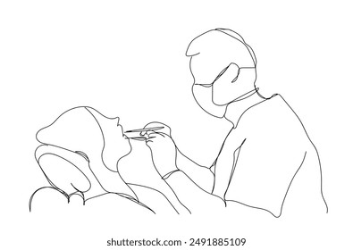 Dibujo de una sola línea continua de un dentista masculino joven feliz que examina la condición de la paciente femenina en la clínica dental. Ilustración vectorial de diseño de dibujo de una línea del concepto de los profesionales de servicios de atención médica