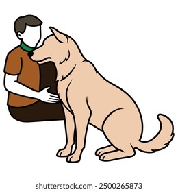 Einzelne durchgehende Linie Zeichnung des jungen energetischen Mannes kniete, während er seine Geliebte streichelte, Skizze Skizze Skizze Skizze des jungen Jungen, der mit seinem Hund spielt, Linie Kunst Illustration des Jungen 
