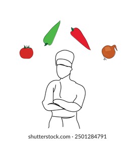 Single continuous line drawing of young friendly man chef in uniform pose. Food restaurant banner concept one line drawing design vector graphic illustration. Vitamin food. Natural vegetarian meal