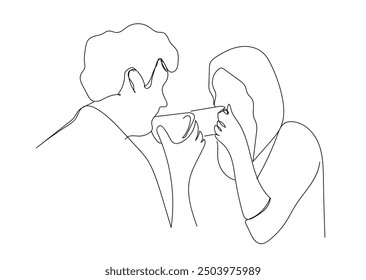 Single continuous line drawing of young happy male and female couple doing romantic date and dinner together at coffee shop. Marriage life concept. One line draw design vector graphic illustration