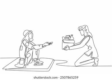 Single continuous line drawing young woman kneels down giving a box to old grandmother. Shabby and tattered clothes. Caring for others. World Social Work Day. One line design vector illustration