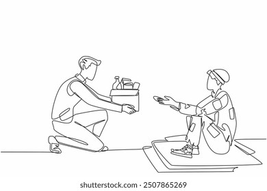 Single continuous line drawing a young man kneeling giving a box to an old grandfather. Pathetic condition. Increasing social sensitivity. World Social Work Day. One line design vector illustration