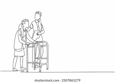 Single continuous line drawing young female activist helps an old grandmother walk with a walker. Caring with devotion. Increase gratitude. World Social Work Day. One line design vector illustration