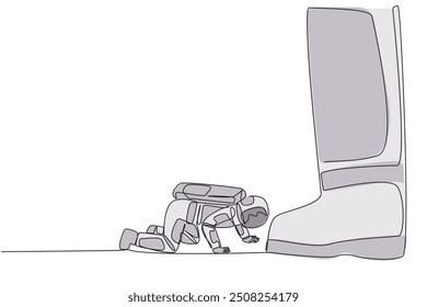 Single continuous line drawing young astronaut kneels and licks giant foot. The attitude of begging desperately to be granted permission for a space expedition. One line design vector illustration