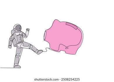 Single continuous line drawing young astronaut kicking the piggy bank. Full of anger. The savings prepared are still not enough to fund a space expedition. Galaxy. One line design vector illustration