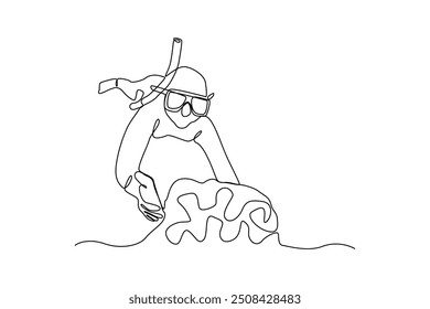 Single continuous line drawing young sportive man do scuba diving into the deep sea ocean to explore sea life world. Underwater sport concept. Trendy one line draw design vector graphic illustration