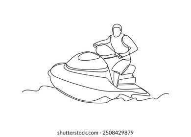 Single continuous line drawing of young man drive jet ski at the sea. Sea activity minimalist concept. Trendy one line draw design vector graphic illustration