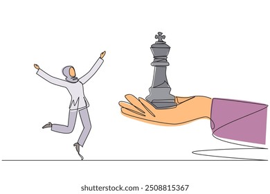 Single continuous line drawing young Arabian businesswoman excited to get king's chess piece from giant hand. Get full support from the board of directors. Success. One line design vector illustration