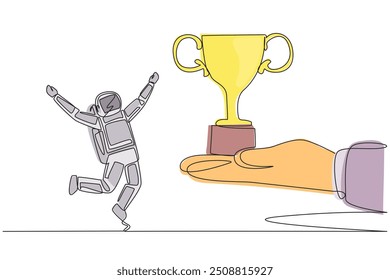 Single continuous line drawing young astronaut happy to get the trophy from the giant hand. Competition winner. Champion. Space journalist. Cosmonaut deep space. One line design vector illustration