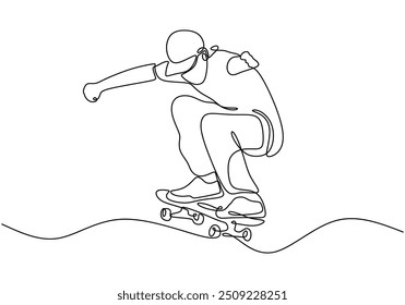 Dibujo de línea continua de un joven skater montando un patín y realizando trucos en un parque de patinaje. Representa la práctica deportiva al aire libre en un diseño minimalista.