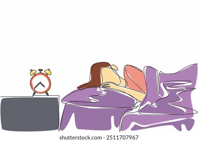 Línea continua de dibujo de una sola mujer joven durmiendo cubierta con despertador cerca. Profundamente dormido. Todavía tienes que estar despierto cuando suene la alarma. Día Mundial del Sueño. Ilustración vectorial de diseño de una línea