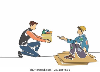 Single continuous line drawing a young man kneeling giving a box to an old grandfather. Pathetic condition. Increasing social sensitivity. World Social Work Day. One line design vector illustration