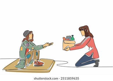 Single continuous line drawing young woman kneels down giving a box to old grandmother. Shabby and tattered clothes. Caring for others. World Social Work Day. One line design vector illustration