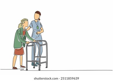 Una línea continua dibujando a una joven activista ayuda a una anciana abuela a caminar con un caminador. Cuidar con devoción. Aumenta la gratitud. Día Mundial del Trabajo Social. Ilustración vectorial de diseño de una línea