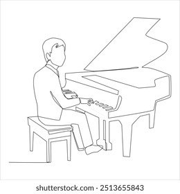 Single continuous line drawing of young happy male pianist playing classic grand piano on music concert orchestra, vector art illustration.