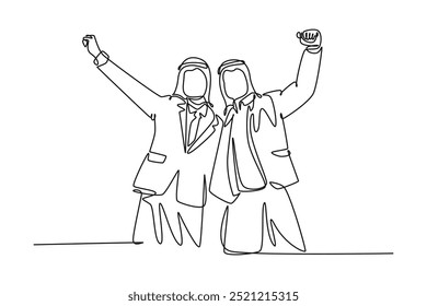 Single continuous line drawing young happy Moslem employees celebrate their job promotion. Arabian business people raise hand together achieve target. One line draw graphic design vector illustration