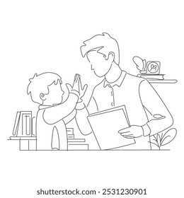 Single continuous line drawing of young father giving high five to daughter at home for a school achievement, parenthood time. Family parenting Young Father, Man Holding Toddler Child.