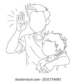 Single continuous line drawing of young dad giving high five gesture to son for success in school achievement, Family parenting son boy before go to school vector illustration.