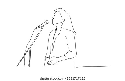 Dibujo de línea continua única de cantante femenina feliz joven cantando en concierto de música. Vector de diseño de dibujo de una línea de concepto de interpretación de artista músico. Vector hecho a mano, no IA.