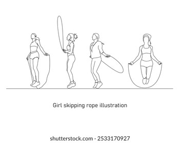 Single continuous line drawing young woman  jumping with skipping rope illustration