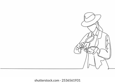 Single continuous line drawing a young woman looks at a rock in one of her hands using a magnifier. Hire experts for maximum results. Satisfying. Geologists Day. One line design vector illustration