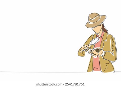 Single continuous line drawing a young woman looks at a rock in one of her hands using a magnifier. Hire experts for maximum results. Satisfying. Geologists Day. One line design vector illustration